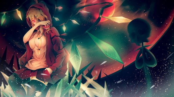 Anime picture 2560x1440 with touhou flandre scarlet ankh (ankh 05) single highres short hair blonde hair red eyes wide image holding pleated skirt arm up glowing glowing eye (eyes) red moon girl thighhighs dress skirt ribbon (ribbons)