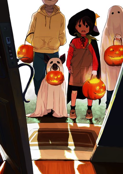 Anime picture 1000x1414 with original morifumi tall image looking at viewer short hair open mouth smile brown hair standing holding full body indoors black eyes multiple boys shadow halloween cosplay head out of frame ghost hands in pockets