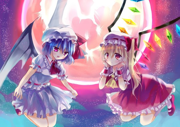 Anime picture 1414x1000 with touhou flandre scarlet remilia scarlet fukuma333 long hair looking at viewer blush fringe short hair open mouth blonde hair red eyes purple eyes multiple girls blue hair sky pink eyes :o one side up looking down