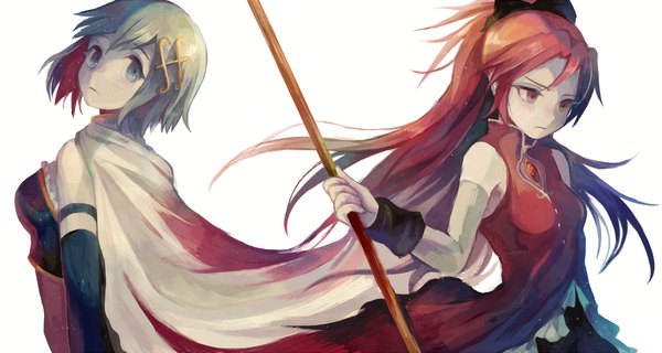 Anime picture 1300x695 with mahou shoujo madoka magica shaft (studio) sakura kyouko miki sayaka miu pachi looking at viewer fringe blue eyes simple background red eyes wide image white background bare shoulders multiple girls blue hair upper body ponytail red hair parted lips head tilt