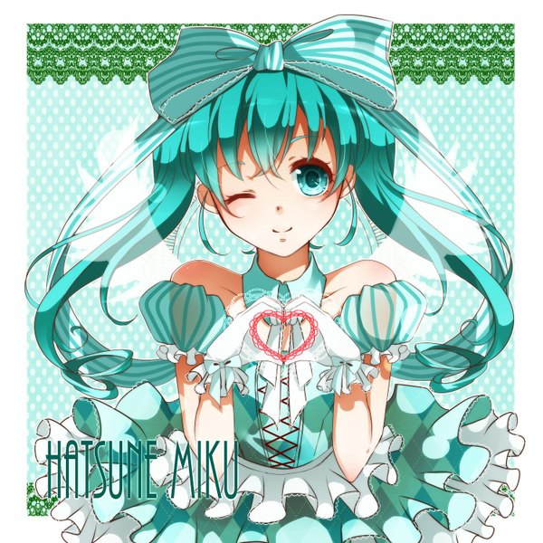 Anime picture 1500x1500 with vocaloid hatsune miku nou single long hair twintails bare shoulders one eye closed aqua eyes wink aqua hair inscription character names border striped outside border heart hands girl dress gloves