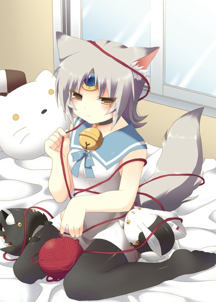 Anime picture 800x1119 with elsword eve (elsword) ahugni tall image blush short hair sitting animal ears yellow eyes tail animal tail grey hair cat ears cat tail wariza girl dress bow pantyhose choker
