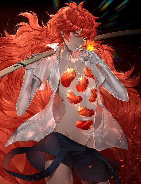 Anime picture 1000x1307 with houseki no kuni padparadscha (houseki no kuni) cao hong anh single tall image looking at viewer fringe light erotic hair between eyes red eyes red hair very long hair light smile open shirt groin androgynous butterfly on hand weapon over shoulder gloves weapon