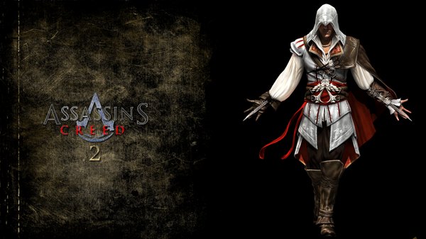Anime picture 1920x1080 with assassin's creed (game) ezio auditore da firenze single highres wide image inscription spread arms boy gloves weapon boots hood
