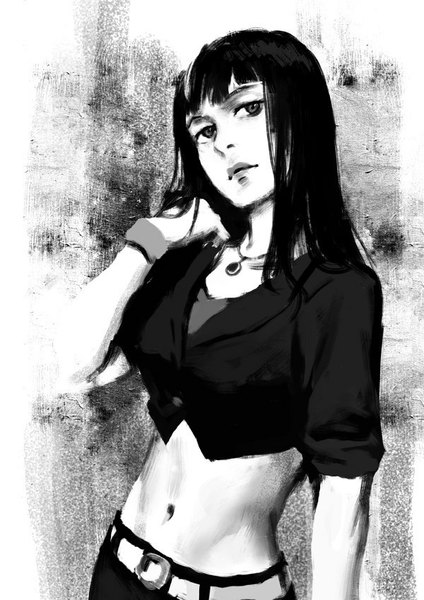 Anime picture 600x849 with death parade madhouse kurokami no onna penguin frontier single long hair tall image fringe looking away bare belly adjusting hair monochrome girl navel belt pendant