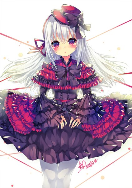 Anime picture 566x800 with k-project gohands (studio) kushina anna utm single long hair tall image looking at viewer blush fringe simple background white background signed white hair long sleeves wide sleeves :o dated lolita fashion goth-loli