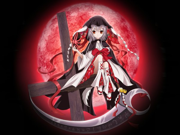 Anime picture 1813x1360 with ookami kakushi highres short hair red eyes grey hair bow ribbon (ribbons) mask scythe