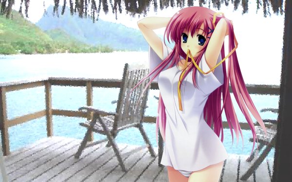 Anime picture 1920x1200 with da capo shirakawa kotori highres wide image holding beach mouth hold ribbon in mouth x hair ornament