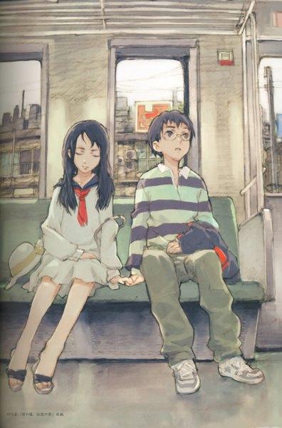 Anime picture 4584x6948 with humi (artist) long hair tall image highres short hair black hair sitting absurdres full body eyes closed couple holding hands girl dress boy hat glasses pants train