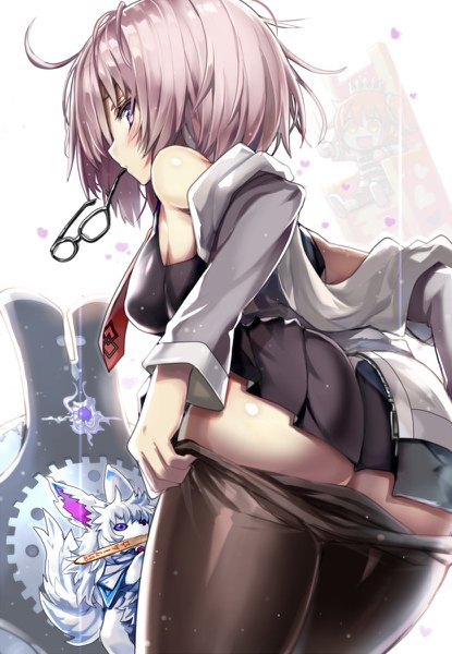 Anime picture 830x1200 with fate (series) fate/grand order mash kyrielight fujimaru ritsuka (female) fou (fate) shino (eefy) single tall image looking at viewer blush short hair light erotic simple background white background purple eyes bare shoulders holding purple hair ahoge ass