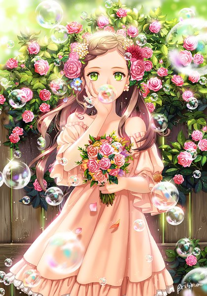 Anime picture 800x1143 with original briska single long hair tall image looking at viewer brown hair bare shoulders green eyes signed braid (braids) wind sunlight girl dress flower (flowers) petals rose (roses) bubble (bubbles) bouquet