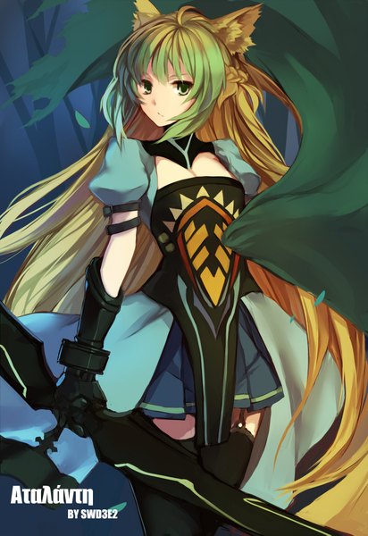Anime picture 1417x2061 with swd3e2 single long hair tall image looking at viewer blonde hair green eyes animal ears multicolored hair inscription girl thighhighs dress gloves weapon black thighhighs sword