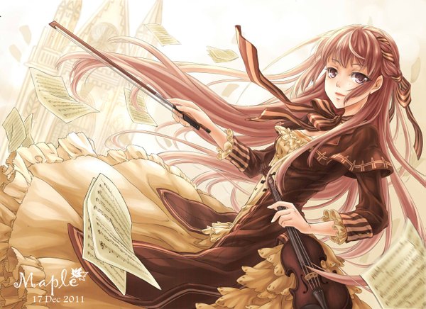 Anime picture 1375x1000 with original maple (artist) single looking at viewer pink hair very long hair pink eyes wind treble clef girl dress bow hair bow frills window buttons paper musical note castle violin