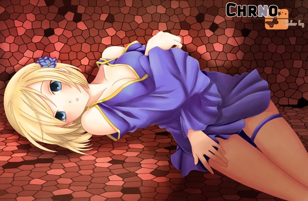 Anime picture 1561x1024 with harukanaru toki no naka de lchrno single looking at viewer blush short hair blue eyes blonde hair lying hair flower girl dress hair ornament flower (flowers) pantyhose