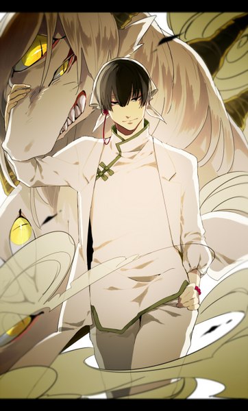 Anime picture 890x1474 with hoozuki no reitetsu wit studio hakutaku (hoozuki no reitetsu) 42kure tall image looking at viewer short hair standing yellow eyes traditional clothes light smile teeth hand on hip hug grin angry sharp teeth dust eyes boy