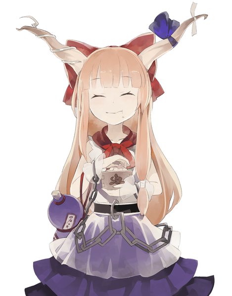 Anime picture 1018x1303 with touhou ibuki suika shihou (g-o-s) single long hair tall image fringe simple background blonde hair white background blunt bangs eyes closed horn (horns) eating ^ ^ :t setsubun girl bow hair bow