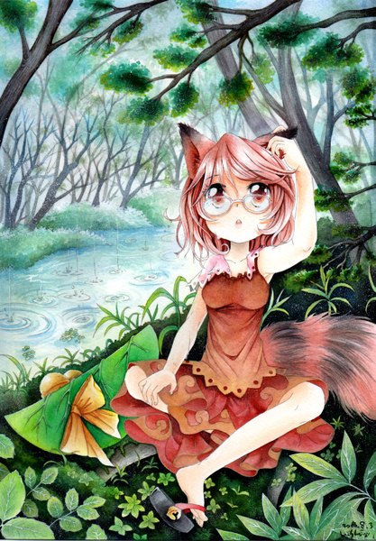 Anime picture 1043x1500 with touhou futatsuiwa mamizou mosho single tall image short hair open mouth red eyes brown hair sitting signed animal ears tail animal tail wet looking up rain river traditional media watercolor (medium)