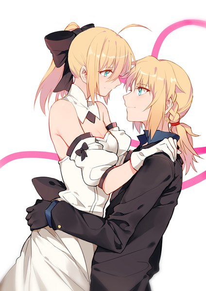 Anime picture 2308x3264 with fate (series) fate/grand order fate/unlimited codes artoria pendragon (all) saber saber lily mordred (fate) yorukun tall image highres short hair blonde hair simple background white background bare shoulders multiple girls payot ahoge ponytail braid (braids)