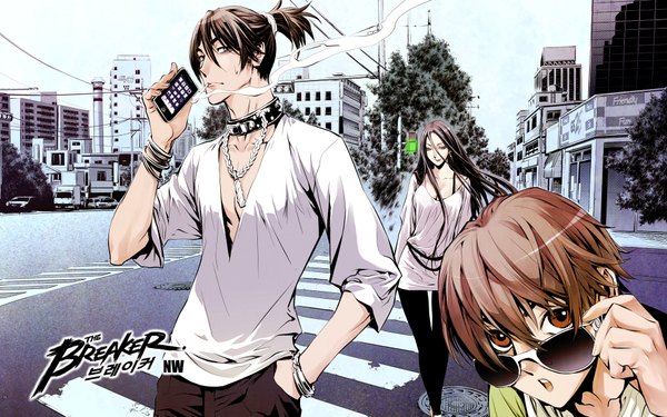 Anime picture 1920x1200 with the breaker shi-woon yi lee shiho chun-woo long hair highres short hair open mouth brown hair wide image brown eyes ponytail wind official art wallpaper city smoke cityscape hand in pocket walking