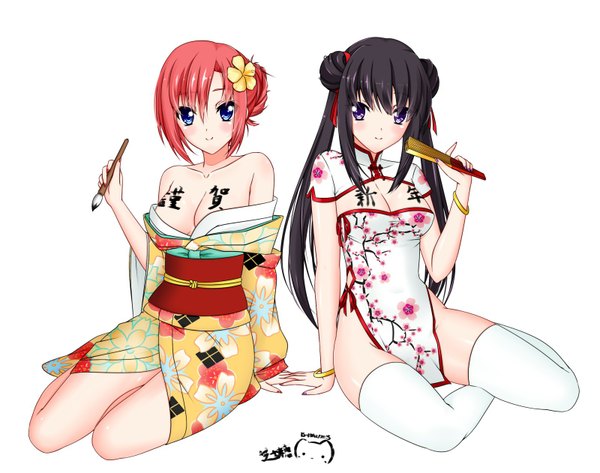 Anime picture 1600x1262 with original nagi-the-cheese (ppshex) long hair looking at viewer blush short hair blue eyes light erotic black hair smile white background purple eyes twintails multiple girls red hair traditional clothes japanese clothes inscription chinese clothes body writing