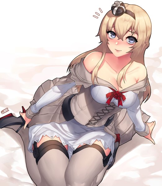 Anime picture 1332x1534 with kantai collection warspite (kantai collection) jjune single long hair tall image looking at viewer blush breasts blue eyes blonde hair bare shoulders girl thighhighs dress crown mini crown