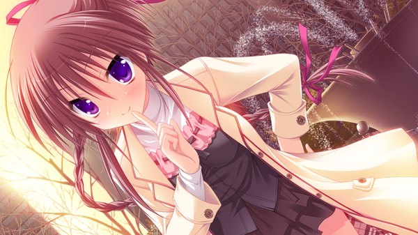 Anime picture 1280x720 with hatsuyuki sakura kozakai aya toranosuke long hair blush brown hair wide image purple eyes game cg braid (braids) finger to mouth girl