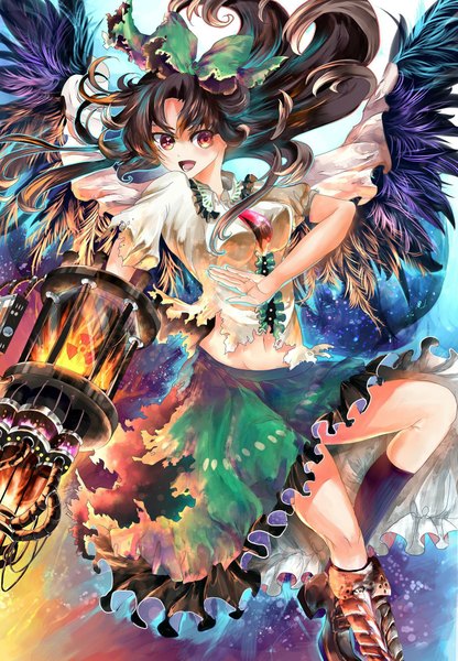Anime picture 1473x2125 with touhou reiuji utsuho hoshika ranoe single long hair tall image open mouth black hair red eyes torn clothes arm cannon girl skirt navel bow weapon hair bow miniskirt wings boots