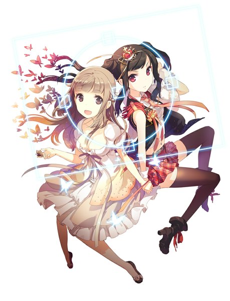 Anime picture 800x1045 with original h2so4 long hair tall image looking at viewer black hair simple background red eyes white background multiple girls brown eyes grey hair girl thighhighs dress black thighhighs 2 girls insect butterfly crown