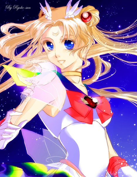 Anime picture 779x1000 with bishoujo senshi sailor moon toei animation tsukino usagi sailor moon ryoko-san18 (artist) single long hair tall image looking at viewer blue eyes simple background smile twintails holding crescent transparent girl gloves hair ornament bow