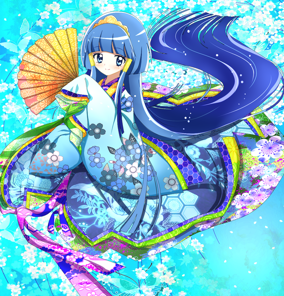 Anime picture 1125x1175 with precure smile precure! aoki reika cure beauty single tall image blush blue eyes blue hair very long hair japanese clothes light smile cherry blossoms girl hair ornament flower (flowers) kimono insect butterfly headband