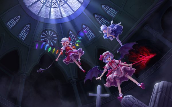 Anime picture 1920x1200 with touhou flandre scarlet remilia scarlet izayoi sakuya jackiexp (artist) highres short hair open mouth blonde hair red eyes wide image multiple girls blue hair maid magic bat wings girl thighhighs dress weapon