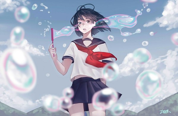 Anime picture 1053x690 with original deer (deer423-81) single looking at viewer short hair open mouth black hair signed sky cloud (clouds) black eyes girl skirt uniform school uniform animal shirt bubble (bubbles)