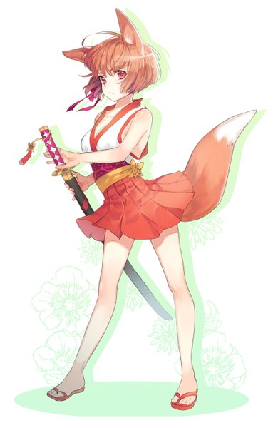 Anime picture 900x1384 with original naguri single tall image looking at viewer blush short hair simple background red eyes brown hair white background bare shoulders animal ears full body ahoge tail animal tail fox ears fox tail fox girl