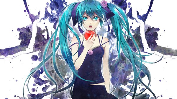 Anime picture 1134x638 with vocaloid out of eden (vocaloid) hatsune miku koromono (artist) single open mouth wide image white background twintails very long hair aqua eyes aqua hair girl dress apple