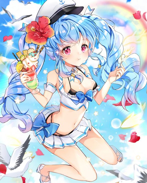 Anime picture 747x929 with sword girls linus falco tagme (artist) single long hair tall image blush fringe breasts light erotic large breasts twintails bare shoulders payot blue hair sky cloud (clouds) full body bent knee (knees) pleated skirt