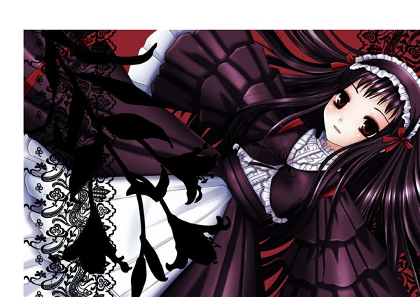 Anime picture 1000x707 with ar tonelico ar tonelico ii gust (company) jacqli inumori sayaka single long hair fringe black hair simple background red eyes looking away light smile spread arms frilled dress red background lolita fashion goth-loli girl dress