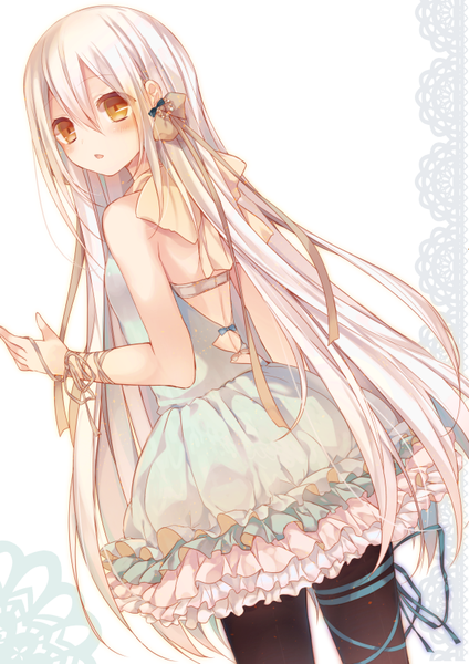 Anime picture 579x819 with original komeshiro kasu single tall image looking at viewer blush fringe open mouth simple background hair between eyes white background bare shoulders yellow eyes very long hair looking back hair flower dutch angle bare back girl thighhighs