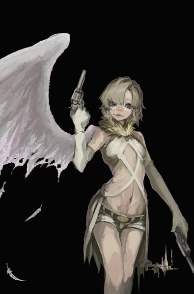 Anime picture 660x1001 with original tsubuan single tall image looking at viewer short hair blue eyes simple background blonde hair holding black background dual wielding girl gloves navel weapon wings elbow gloves shorts gun