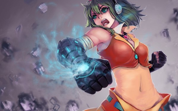 Anime picture 1590x1001 with vocaloid gumi sola7764 single short hair open mouth bare shoulders green eyes green hair grey background girl gloves navel headphones fingerless gloves bandage (bandages)