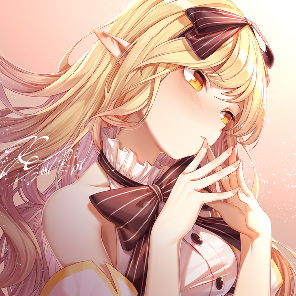 Anime picture 2480x2480 with original de da xianyu single long hair blush fringe highres breasts blonde hair simple background hair between eyes signed looking away upper body head tilt fingernails pointy ears orange eyes gradient background striped