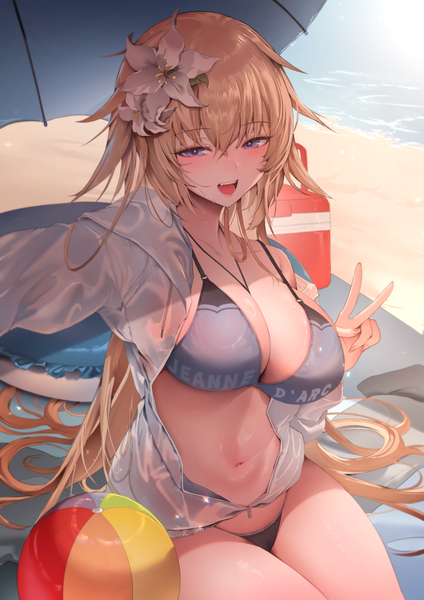 Anime picture 1000x1414 with fate (series) fate/grand order jeanne d'arc (fate) (all) jeanne d'arc (fate) zerocat single tall image looking at viewer blush fringe breasts open mouth blue eyes light erotic blonde hair hair between eyes large breasts outdoors very long hair :d