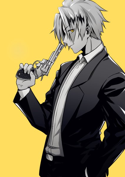 Anime picture 2480x3507 with boku no hero academia studio bones kaminari denki alikumen single tall image looking at viewer fringe highres short hair simple background yellow eyes upper body profile hair over one eye alternate costume monochrome hand in pocket yellow background formal