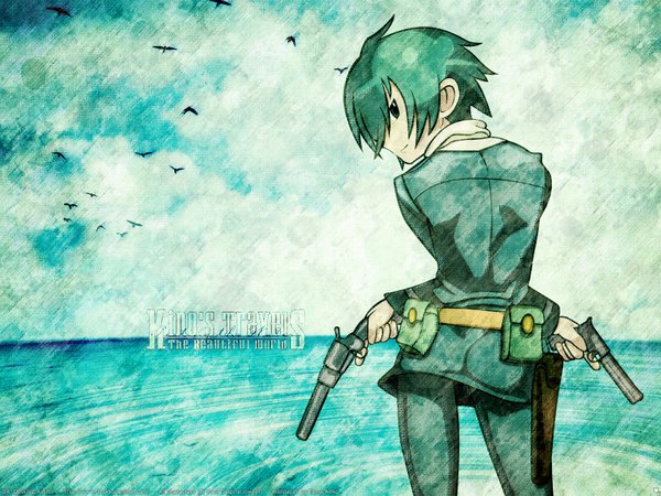 Anime picture 1600x1200 with kino no tabi kino (kino no tabi) single looking at viewer short hair smile profile looking back green hair from behind wallpaper girl weapon animal bird (birds) gun pistol fanny pack