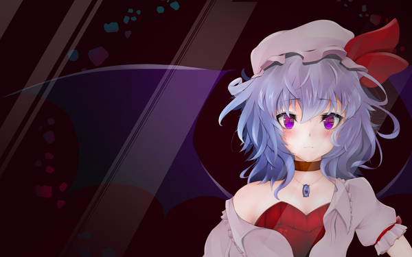 Anime picture 3716x2328 with touhou remilia scarlet ankh (ankh 05) looking at viewer blush highres short hair purple eyes blue hair absurdres dark background girl dress wings pendant bonnet