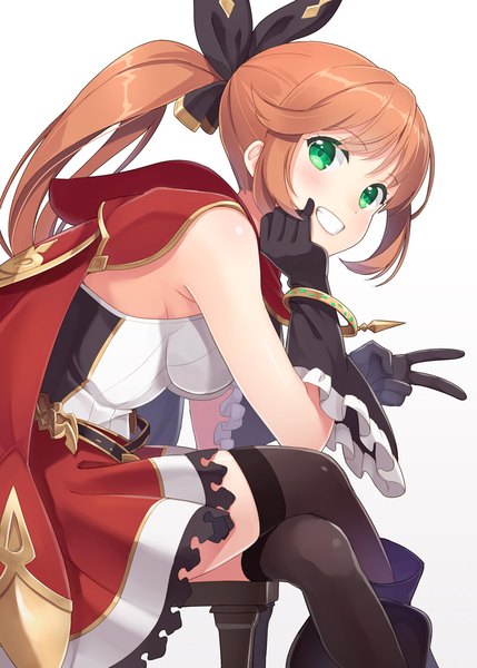 Anime picture 800x1119 with granblue fantasy clarisse (granblue fantasy) hyuuga azuri single long hair tall image looking at viewer blush fringe simple background smile white background sitting green eyes payot ponytail orange hair arm support zettai ryouiki grin