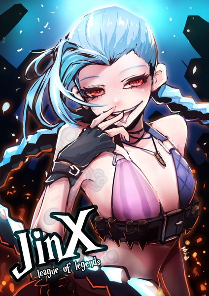 Anime picture 1200x1697 with league of legends jinx (league of legends) beanbean1988 single long hair tall image breasts red eyes blue hair braid (braids) inscription flat chest bodypaint girl gloves tongue fingerless gloves pendant bikini top cartridge