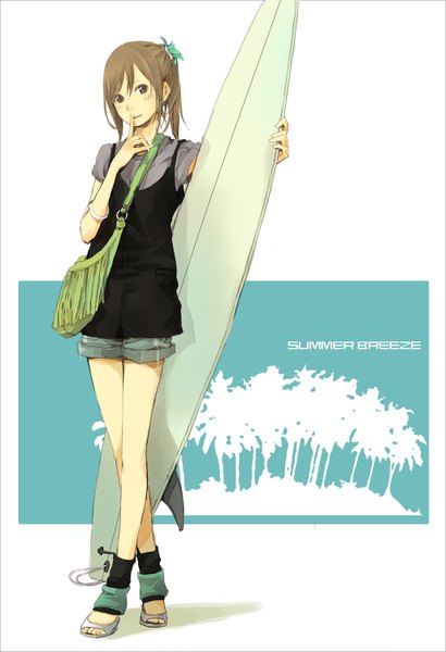 Anime picture 1026x1500 with yoshito (u10) single tall image short hair brown hair brown eyes hair flower finger to mouth fashion surfing girl hair ornament shorts bag