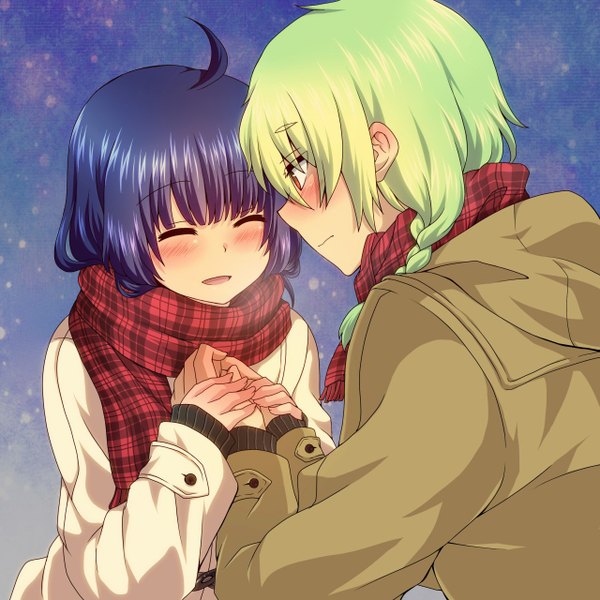 Anime picture 1280x1280 with original jinguu shion natsu hotaru blush short hair open mouth red eyes purple hair eyes closed green hair couple girl boy jacket scarf