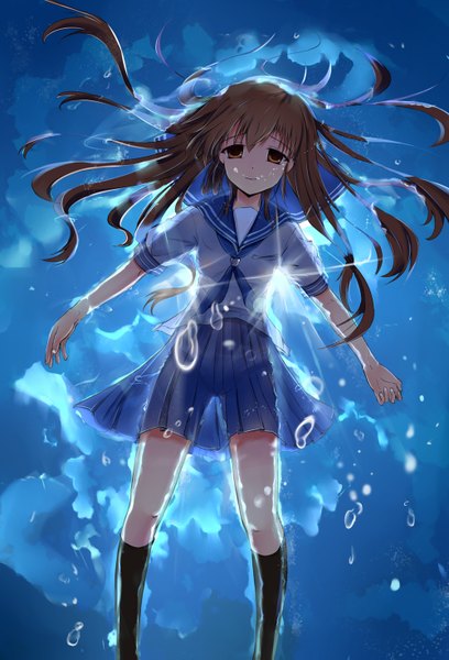 Anime picture 1000x1471 with narcissu sakura setsumi baisi shaonian single long hair tall image looking at viewer light erotic brown hair brown eyes light backlighting weightlessness see-through silhouette girl skirt uniform underwear panties school uniform