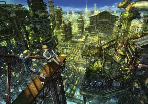 Anime picture 1448x1024 with original munashichi short hair blonde hair brown hair sitting multiple boys city cityscape landscape scenic boy flower (flowers) plant (plants) shoes shorts insect building (buildings) 2 boys grass